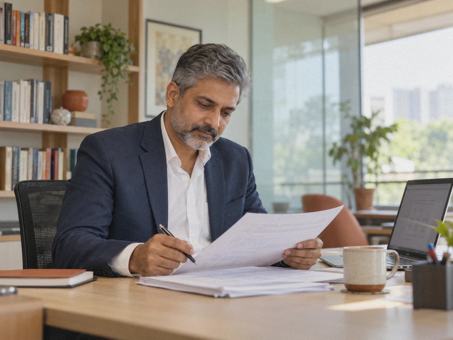A professor marking up a printed question paper at his desk