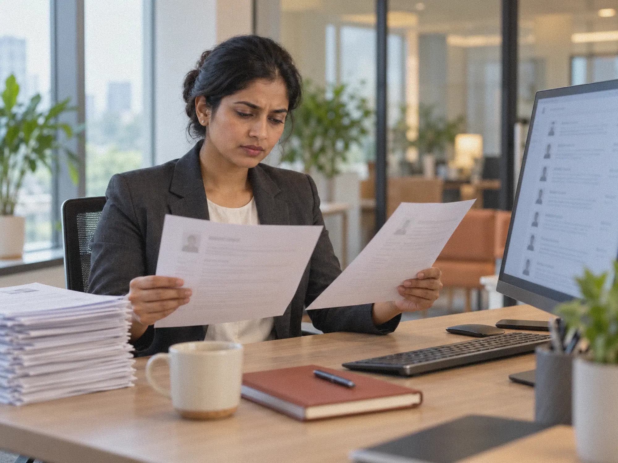 A recruiter comparing two printed resumes beside a tall stack of applications